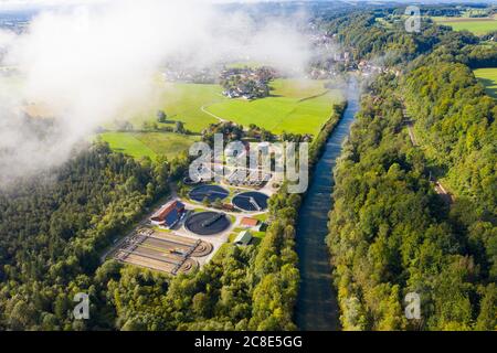 Germany, Bavaria, Wolfratshausen, Drone view of countryside sewage treatment plant