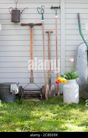 Various gardening tools leaning on shed wall Stock Photo