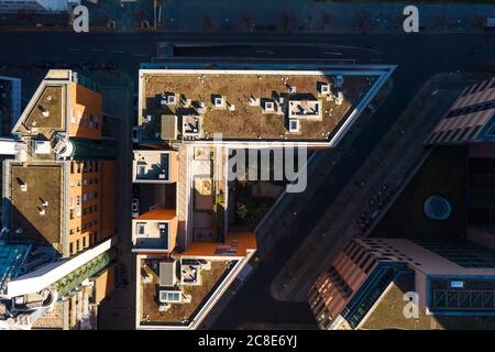 Aerial view of a modern office building rooftop featuring HVAC ...