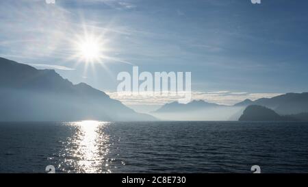 Panoramic view on Lake Como from the lake shore, Italy Stock Photo