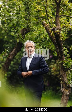 Confident senior businessman standing at a tree in a rural garden Stock Photo