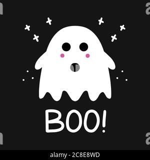 Cute ghost with pink blush and boo lettering. Halloween greeting card. Vector stock illustration. Stock Vector