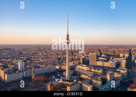 Germany, Berlin, Aerial view of Fernsehturm Berlin at dusk Stock Photo