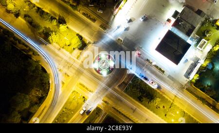 Aerial view of the roundabout at the night time. Long exposure. Stock Photo