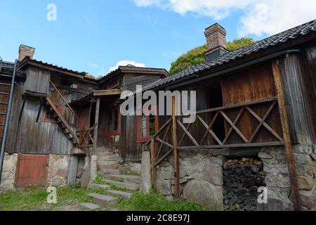 Old traditional wooden house architecture in beautiful nature at Northern Europe Turku Finland Stock Photo