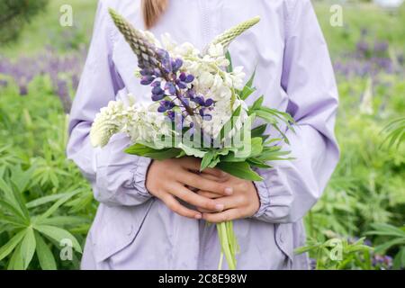Crop view of girl standing in front of flower field holding bunch of lupines Stock Photo