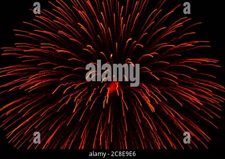 Red fireworks exploding against night sky Stock Photo