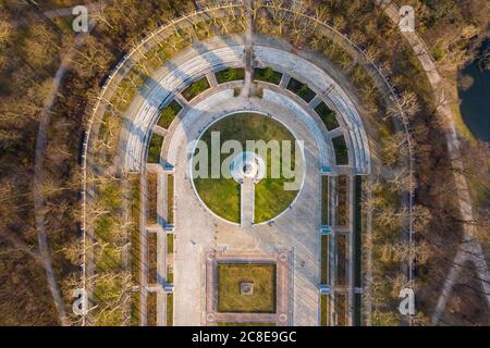 Germany, Berlin, Aerial view of Treptower Park Soviet War Memorial in autumn Stock Photo