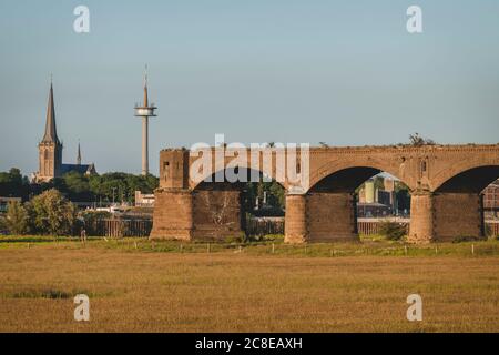 Germany, North Rhine-Westphalia, Wesel, Ruins of Wesel Railway Bridge Stock Photo