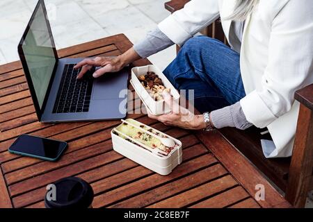 Midsection of senior female professional holding lunch box while using laptop at garden Stock Photo