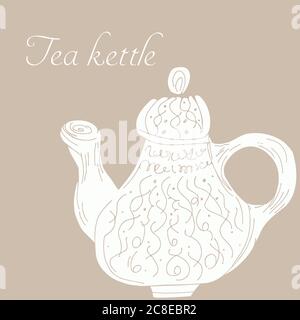 Hand drawn tea kettle illustration in engraving style for menu or cafe. Vector Arab coffee pot. Antique Arabian teapot. Hand drawn outline doodle illu Stock Vector