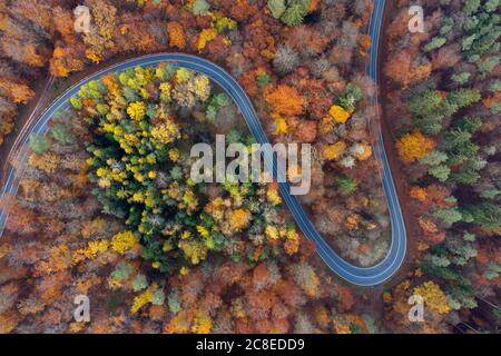 Germany, Bavaria, Drone view of winding country road cutting through autumn forest in Steigerwald Stock Photo