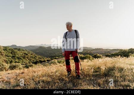 Senior male hiker looking away while standing with hiking pole on plants against clear sky Stock Photo