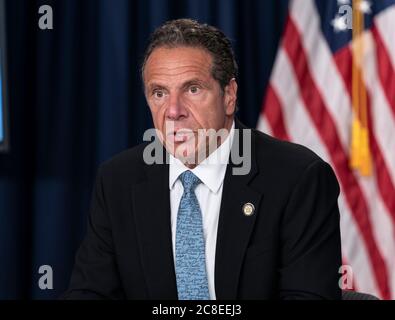 New York, USA. 23rd July 2020. NYS Governor Andrew Cuomo conducts press briefing and makes a presentation at the 3rd Avenue office in Manhattan. Governor, announced that President Trump will not send federal agents into New York City. He again pleaded to young people to be responsible, keep social distances and wear masks at the same time he warned local authorities to implement law and owners of bars and restaurants to follow the law. Credit: Pacific Press Agency/Alamy Live News Stock Photo