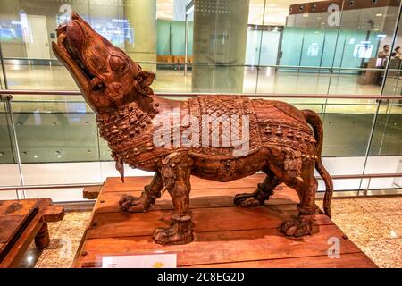 MUMBAI AIRPORT, INDIA DECEMBER 31, 2018: Publicly exhibited antic wooden sculpture of Vahanas, a particular Hindu deity is said to use as a vehicle. M Stock Photo