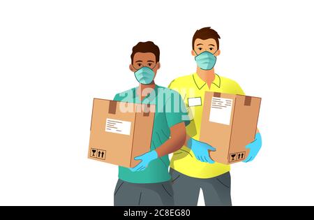 Web banner with a contactless delivery service in a van. A courier wearing  a protective mask and gloves, who brought the box. Next to the courier is a  truck. Vector in flat