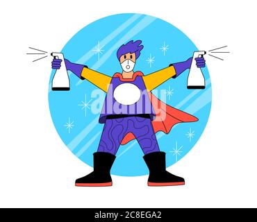 Super hero cleaner. A person dressed as hero wearing protective clothing and carrying two bottles of antibacterial disinfectant cleaner, keeping every Stock Vector