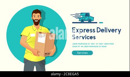 A happy delivery man smiling and holding a parcel for delivery. People vector illustration. Stock Vector