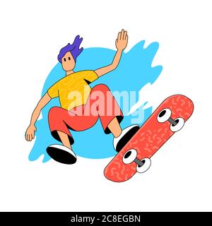 A young person jumping on his skateboard in a skate park. People character active vector illustration. Stock Vector
