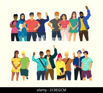 A collection of young happy people standing and smiling. Community and multicultural vector people illustration. Stock Vector