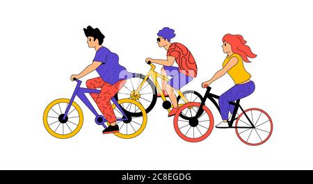 Active people characters outdoors on bikes cycling. Fit and active bicycle lifestyles vector illustration. Stock Vector