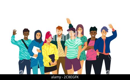 A collection of multicultural  young adult students smiling and waving isolated on a white background. People vector illustration. Stock Vector