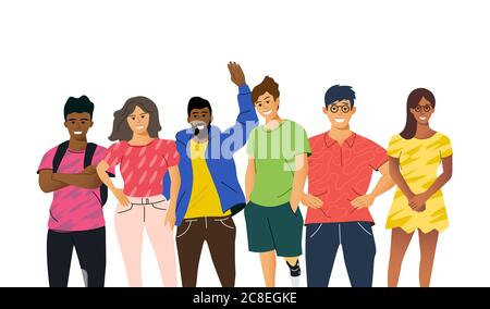 A group of multicultural people. Young team of students or creative business work colleagues. People vector illustration. Stock Vector