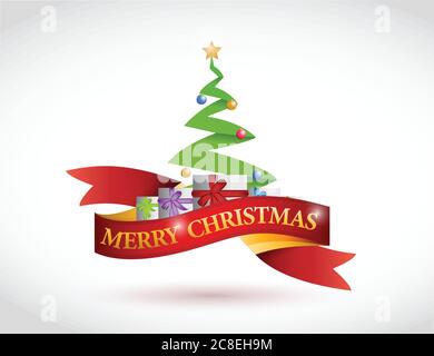 Merry christmas ribbon and tree illustration design over a white background Stock Vector