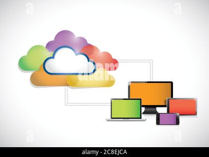 Colorful clouds connected to a set of electronics. illustration design over a white background Stock Vector