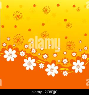 vector illustration of an orange background with daisies and butterflies. Stock Vector