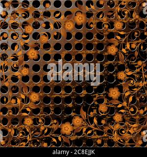vector illustration of a  grunge metal texture  with floral ornament on it. Stock Vector