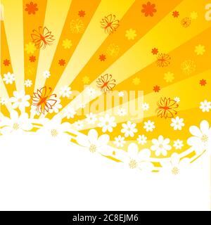 vector illustration of an orange background with daisies and butterflies on sunny background Stock Vector