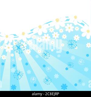 vector illustration of a blue background with daisies, butterflies, rays. Stock Vector