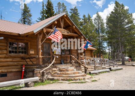 Cooke City, Montana - July 2, 2020: The famous Top of the World Store, a gift shop with Beartooth Highway themed souvenirs