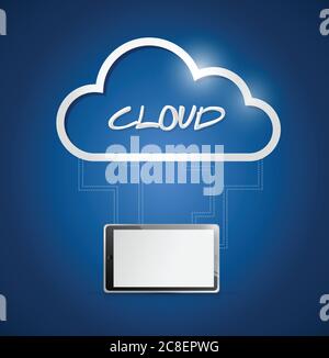 Tablet connected to a cloud. illustration design over a blue background Stock Vector