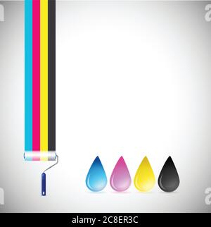 Cmyk paint roller and ink drops illustration design over a white background Stock Vector