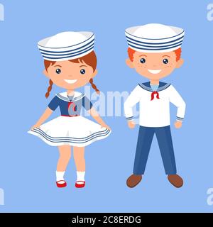 Cute chibi characters boy and girl in sailor suits. Professions for kids. Flat cartoon style. Vector illustration Stock Photo