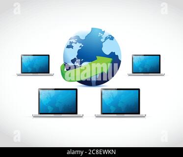 Laptop network connected to the world. illustration design over white Stock Vector