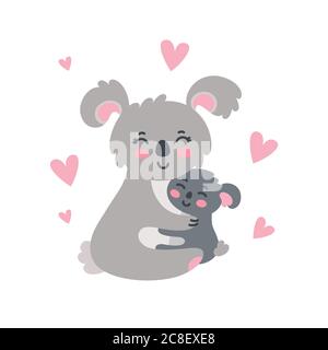 Koala family set. Happy koala parent and child hugging each other. Vector illustration in cute flat style Stock Vector