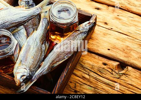 Sun dried fish,salted fish for beer.Salty fish or stockfish Stock Photo