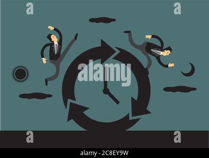 Businessmen racing against time around a clock with sun and moon in the background representing day and night. Creative vector illustration for busine Stock Vector