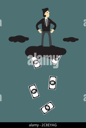Businessman standing on cloud that is raining dollar notes. Creative vector illustration for business concept. Stock Vector