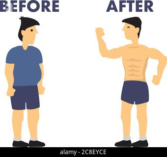 Before and after weight loss different of man’s body. Concept of slimming, weight loss or success bodybuilding. Isolated vector illustration. Stock Vector