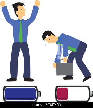 Two businessmen with happy and unhappy batteries. Concept of work fatigue. Flat cartoon vector illustration. Stock Vector