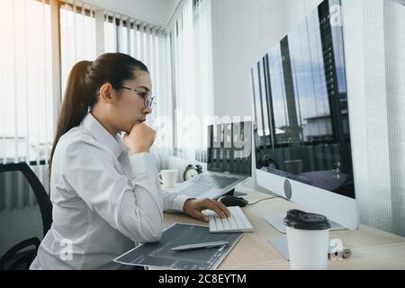 Asian female software developers are stressed in analyzing code-based systems. Stock Photo