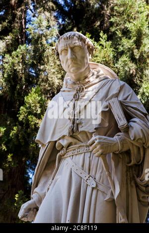 Alcala de Henares, Madrid Province, Spain.  Statue outside the University of cardinal and statesman, Francisco Jimenez de Cisneros, O.F.M. 1436-1517, Stock Photo