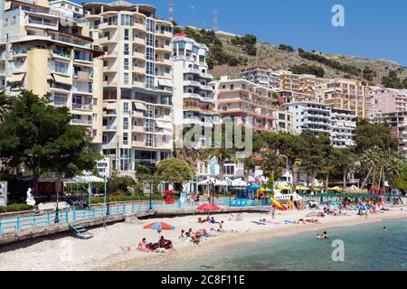 Sarande or Saranda, Sarande District, Albania. View along main resort beach. Stock Photo