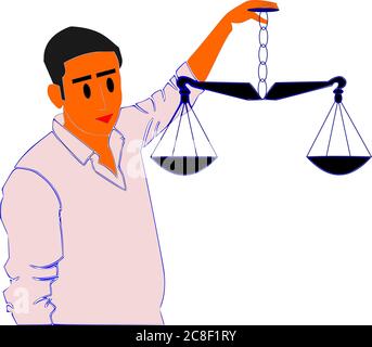 A man holding scales on hand presenting law judiciary symbolic pattern illustration art cartoon style. Stock Vector