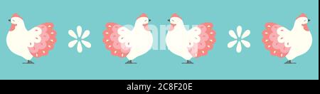Hen pattern border design. Vector farm chicken repeat banner backgound. Stock Vector