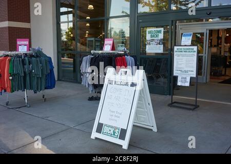 Signs clarifying safety protocols are seen at the entrance to a reopened Dick's Sporting Goods store in Lake Oswego, Oregon, on Thurs., July 22, 2020. Stock Photo